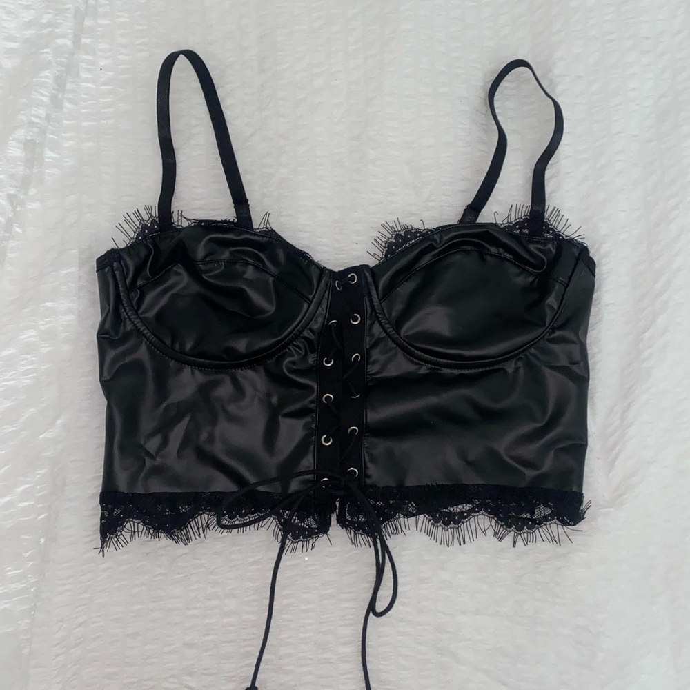 Black Fake Leather Lace Corset Tank